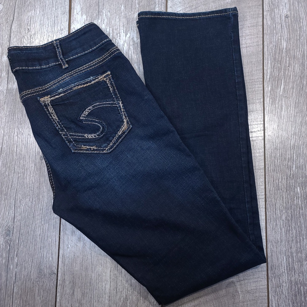 Silver Jeans Elyse Slim Boot Women 30x35 Dark Wash Embroidered Pocket Jeans